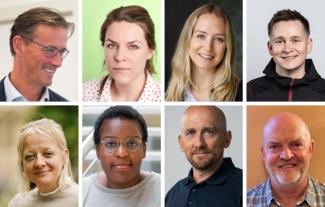 Eight smiling faces, including four men and four women