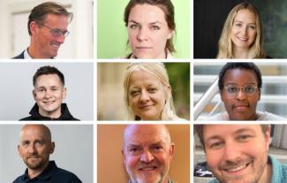 Nine smiling faces, five men and four women