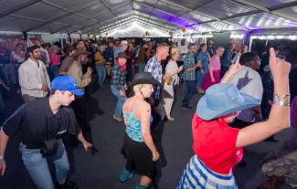 People line dancing, some in cowboy costumes