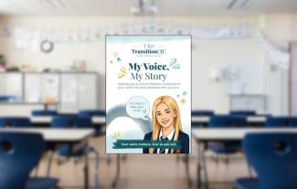 A book cover against an empty school classroom