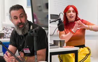 A man and a woman speaking into microphones