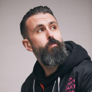 A man looking up and to the right