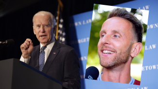 Joe Biden, ex-US President speaking at a lectern, with an inset of a man smiling