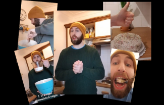 A man in a woolie hat preparing food in his kitchen