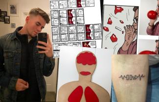 A young man taking a mirror selfie, surrounded by his artwork