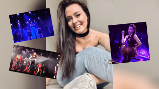 A woman smiling, with insets of her singing on stage