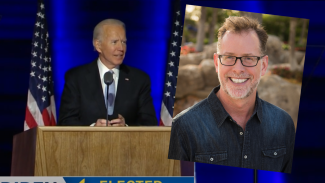 The American President Joe Biden standing at a lecturn, with an inset of a man smiling for the camera