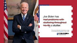 The American President Joe Biden smiling for the camera, next to some text, some of it crossed out. 