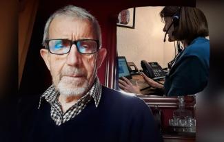 A man looking at the camera. Inset is a woman with a laptop in front of her and wearing a headset