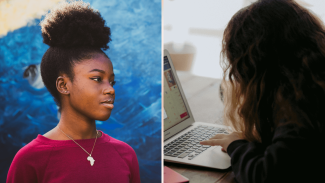 Two young women, one looking to the right and the other on a laptop computer, with her face not visible