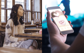 A woman sitting in a restaurant and a close up of a hand using a mobile phone