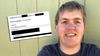 A man smiling, with a redacted email inset