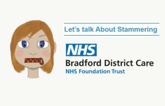 An illustrated girl's face with a closed zip instead of a mouth. Next to it are the words 'Let's talk about stammering', NHS Bradford District Care