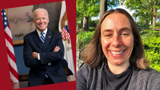 President Joe Biden looking at the camera, next to a woman smiling for the camera