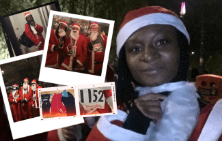 A woman in a Father Christmas costume looking at the camera, with insets of people in Father Christmas costumes