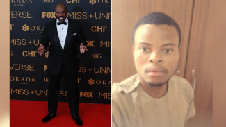A man standing on a red carpet and posing for the cameras, and a man smiling