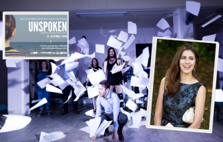 A group of actors with pieces of paper flying about all around them, with an inset of a woman smiling