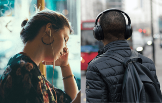 A woman wearing in-ear earphones and the back of a man's head. The man is wearing headphones