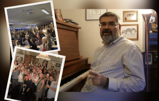 A man sitting at a piano looking at the camera, with insets of people socialising and in a lecture theatre