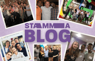 Six polaroids of people socialising, around the words 'STAMMA blog'
