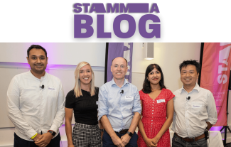 Five people, three men and two women, standing in a line and smiling. Above them are the words 'STAMMA blog'