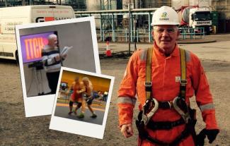 A man in overalls and a hard hat, on a construction site, with insets of the same man reading and practising wrestling