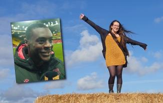 A woman standing on a bale of hay, with her arms stretched out wide, smiling, with an inset of a man smiling