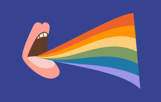 An illustrated open mouth with rainbow colours coming out of it