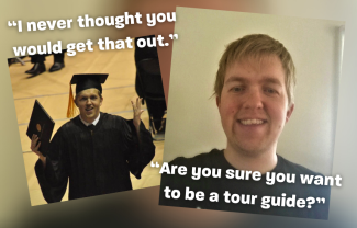 A man in graduation robes and smiling