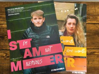Two colour posters, one featuring a teenage boy, and the other a young woman, both looking at the camera. Posters feature the text 'I Stammer'