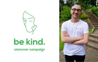 A young man with his arms folded, smiling, next to a logo saying 'Be kind, stammer campaign