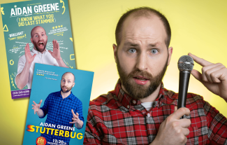 A man looking at the camera and holding a microphone, with two inset pictures of stand-up comedy posters