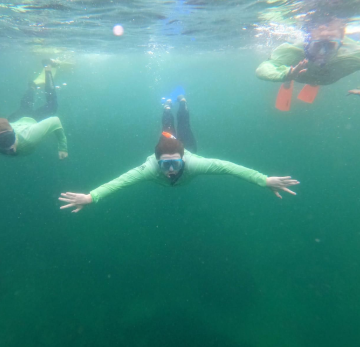 A man scuba diving underwater with two other people