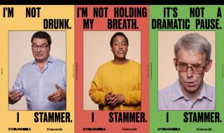 Three posters showing people mid-stammer