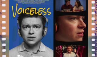 A film poster featuring a man earing headphones, with scenes from the film next it
