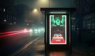 A bus stop advert at night, with traffic running past it