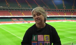 A woman standing in the seated area in a sporting stadium, with the pitch behind her