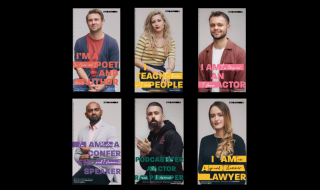 Six posters of people looking at the camera