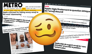 A 'woozy face' emoji with newspaper clippings behind it