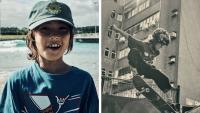 A boy in a cap smiling, next to an inset of the same boy skateboarding against a city backdrop