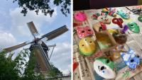 A windmill and a table with freshly-painted masks on it
