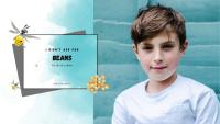 A young boy smiling, next to a book cover with the title 'I didn't ask for beans'