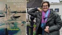 A book cover featuring three children playing on a beach with the title 'Stammering Against Truth'. Next to it is a woman smiling in an outdoor setting