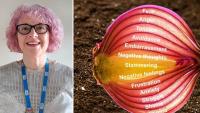 A woman smiling, next to a diagram of an onion, with words on each layer