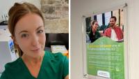 A woman in a medical uniform smiling, next to a poster