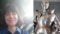 A woman smiling, next to a suit of armour