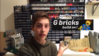 A teenager looking at the camera and pointing at a Lego model. Next to him is a text saying 'G bricks build on!'