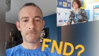 A man looking at the camera. Beside him is the text 'FND?' and a woman wearing a lanyard