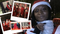 A woman in a Father Christmas costume looking at the camera, with insets of people in Father Christmas costumes