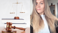 A set of scales, a gavel, and a woman smiling